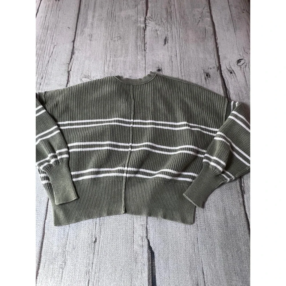 Aerie Womens Olive Green Striped Ribbed V-Neck Cotton Oversized Sweater‎ Small